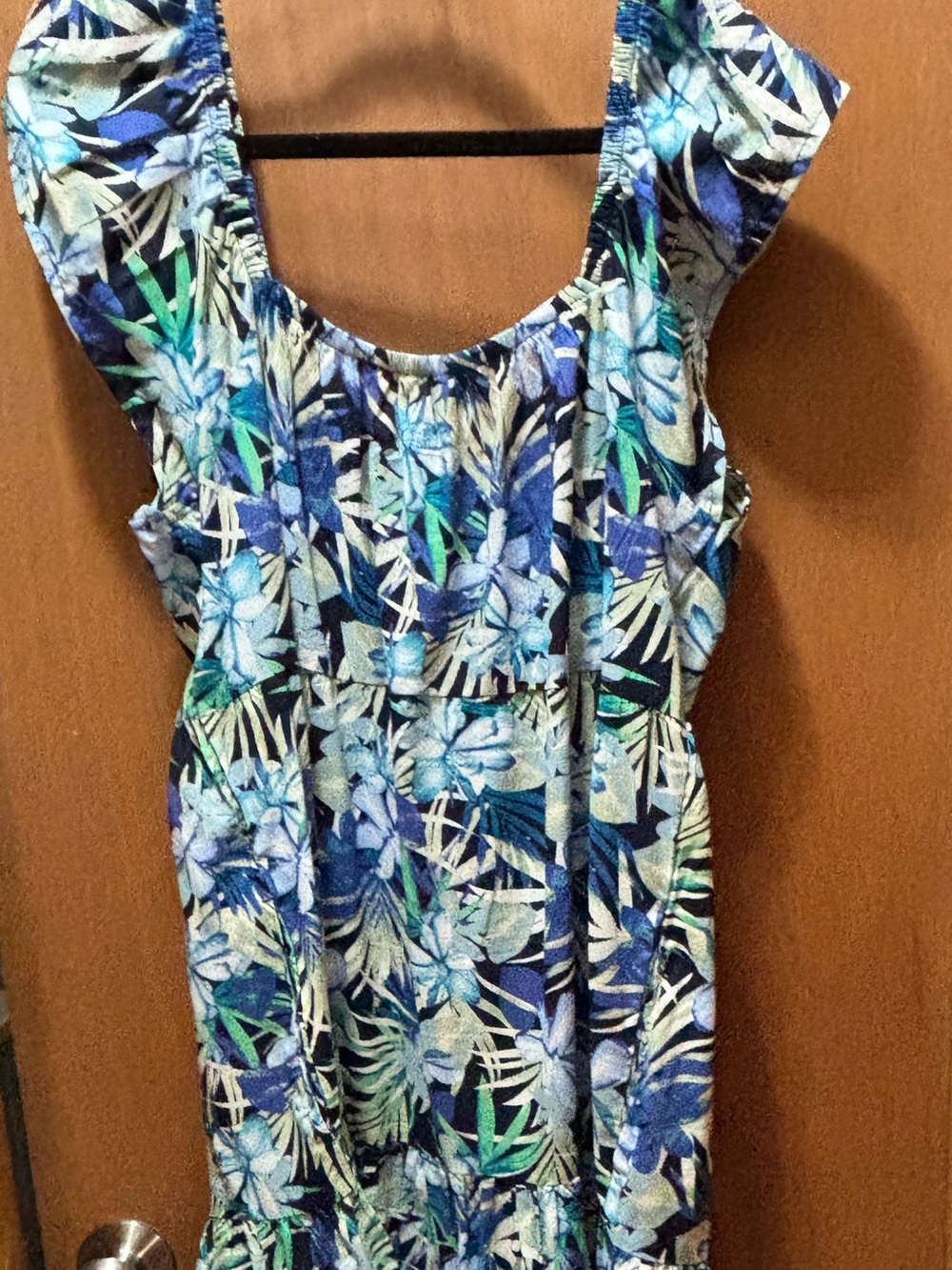Time and Tru Blue and Green Tropical Leaf Blouse